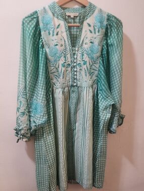 Anita Dongre  Aqua Green Floral and Gingham Short Designer Crepe Dress